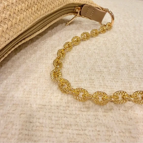 Woven Straw Shoulder Bag with Gold Chain Handle - Natural - Picture 4 of 9